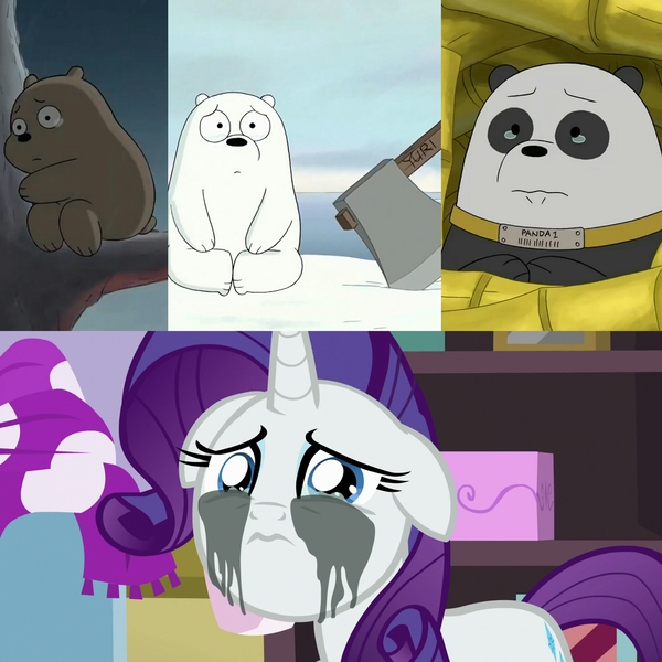 Size: 2048x2048 | Tagged: safe, derpibooru import, edit, edited screencap, screencap, rarity, panda, pony, forever filly, crying, female, floppy ears, grizz, ice bear, makeup, mare, marshmelodrama, mascara, mascarity, obligatory pony, running makeup, solo, we bare bears