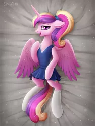 Size: 900x1200 | Tagged: suggestive, artist:scheadar, derpibooru import, princess cadance, alicorn, pony, semi-anthro, clothes, dress, female, fetish, looking at you, lying down, mare, on back, open mouth, ponytail, school uniform, school uniform fetish, schoolgirl, smiling, socks, solo, solo female, teen princess cadance, white socks, younger