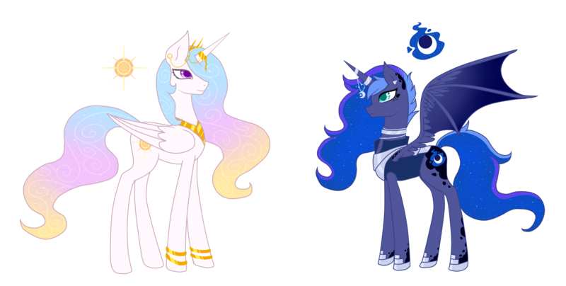 Size: 2141x1081 | Tagged: safe, artist:lady-cold, derpibooru import, princess celestia, princess luna, alicorn, bat pony, bat pony alicorn, pony, alternate universe, female, horn jewelry, hybrid wings, jewelry, lunabat, mare, race swap, royal sisters, simple background, transparent background