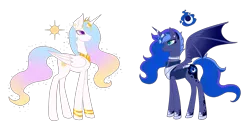 Size: 2141x1081 | Tagged: safe, artist:lady-cold, derpibooru import, princess celestia, princess luna, alicorn, bat pony, bat pony alicorn, pony, alternate universe, female, horn jewelry, hybrid wings, jewelry, lunabat, mare, race swap, royal sisters, simple background, transparent background