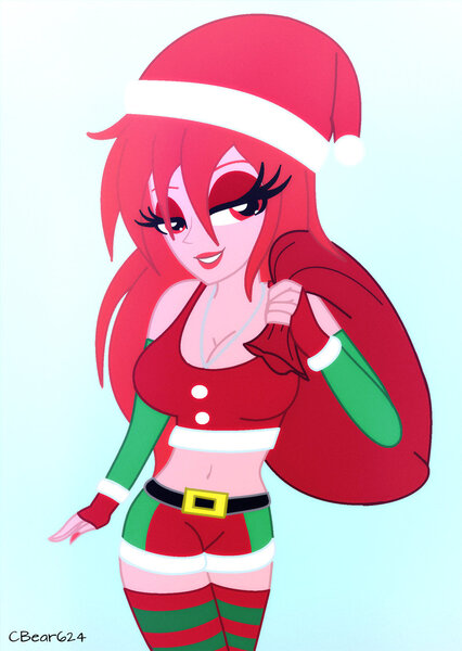 Size: 900x1267 | Tagged: suggestive, artist:cbear624, derpibooru import, oc, oc:viola, unofficial characters only, equestria girls, bag, bedroom eyes, belly button, big breasts, breasts, christmas, cleavage, clothes, costume, female, fingerless gloves, gloves, hat, holiday, jewelry, midriff, necklace, sack, santa costume, santa hat, santa sack, sexy, sexy santa costume, solo, stockings, thigh highs, zettai ryouiki