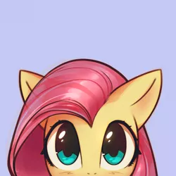 Size: 1000x1000 | Tagged: dead source, safe, artist:mirroredsea, derpibooru import, part of a set, fluttershy, pegasus, pony, blue background, blushing, bust, cute, female, looking at you, mare, peeking, shyabetes, simple background, solo