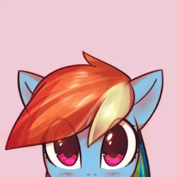 Size: 1000x1000 | Tagged: dead source, safe, artist:mirroredsea, derpibooru import, part of a set, rainbow dash, pegasus, pony, blushing, bust, cute, dashabetes, female, looking at you, mare, multicolored hair, peeking, pink background, portrait, simple background, solo