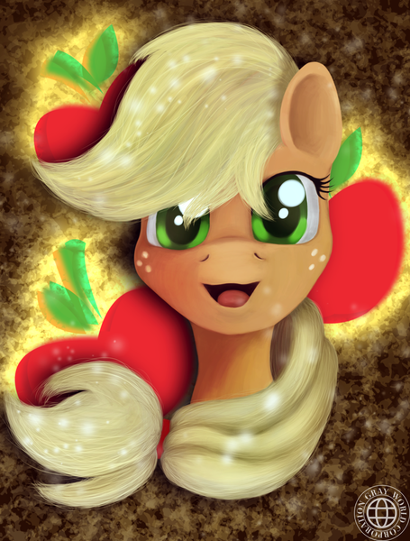 Size: 1600x2108 | Tagged: safe, artist:grayworldcorporation, derpibooru import, applejack, earth pony, pony, blurry, bust, cutie mark, cutie mark background, face, female, looking at you, mare, open mouth, portrait, smiling, solo