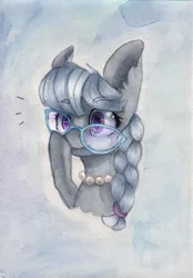 Size: 900x1295 | Tagged: safe, artist:rinioshi, derpibooru import, silver spoon, earth pony, pony, braid, bust, ear fluff, female, filly, glasses, jewelry, necklace, portrait, solo, traditional art