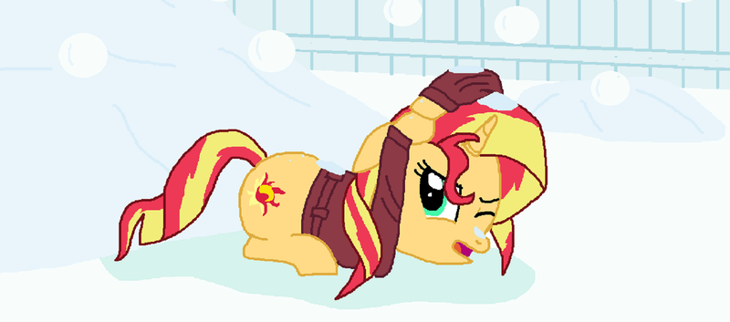 Size: 1600x706 | Tagged: safe, artist:thomaszoey3000, derpibooru import, sunset shimmer, pony, unicorn, ducking, female, mare, not fiery shimmer, open mouth, snow, snowball, solo