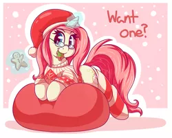 Size: 3500x2800 | Tagged: safe, artist:graphene, derpibooru import, oc, oc:rose pendant, unofficial characters only, pony, unicorn, beanbag chair, christmas, clothes, dialogue, female, gingerbread man, glasses, glowing horn, hat, holiday, levitation, magic, mare, mouth hold, santa hat, smiling, socks, solo, striped socks, sweater, telekinesis