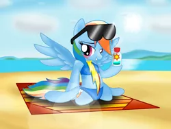 Size: 3840x2890 | Tagged: suggestive, alternate version, artist:metal-jacket444, derpibooru import, rainbow dash, pegasus, pony, beach, beach blanket, blushing, clothes, female, lens flare, looking at you, sand, smiling, solo, solo female, spread legs, spread wings, spreading, sunglasses, sunscreen, swimsuit, teeth, tongue out, water, wings