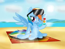 Size: 3840x2890 | Tagged: suggestive, alternate version, artist:metal-jacket444, derpibooru import, rainbow dash, pegasus, pony, beach, beach blanket, bedroom eyes, belly, belly button, blushing, female, lens flare, looking at you, sand, smiling, solo, solo female, spread legs, spread wings, spreading, sunglasses, sunscreen, teeth, tongue out, water, wings