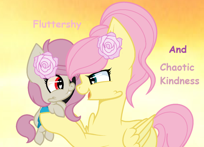 Size: 1280x927 | Tagged: safe, artist:rose-moonlightowo, derpibooru import, fluttershy, oc, oc:chaotic kindness, hybrid, pony, alternate hairstyle, baby, baby pony, base used, female, flower, flower in hair, heart eyes, holding a pony, interspecies offspring, mother and daughter, offspring, parent:discord, parent:fluttershy, parents:discoshy, wingding eyes