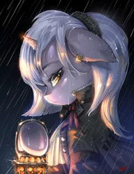 Size: 2550x3300 | Tagged: safe, artist:alts-art, derpibooru import, oc, oc:chamber wisp, unofficial characters only, pony, unicorn, clothes, female, lantern, mare, rain, solo, wet