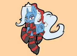 Size: 3181x2336 | Tagged: safe, artist:flan, derpibooru import, trixie, pony, unicorn, christmas, clothes, female, hat, holiday, mare, missing accessory, raspberry, santa hat, scarf, simple background, socks, solo, striped socks, tongue out