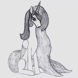 Size: 3000x3000 | Tagged: safe, artist:3luk, derpibooru import, oc, oc:nyx, unofficial characters only, alicorn, pony, female, high res, mare, monochrome, older, sitting, solo, traditional art