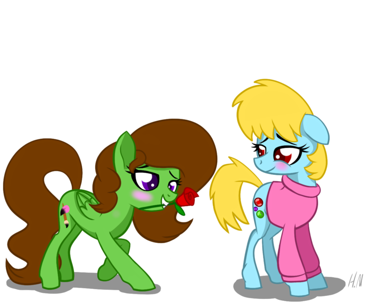 Size: 1200x1000 | Tagged: safe, artist:chelseawest, derpibooru import, oc, oc:painted petal, oc:ruby jewel, unofficial characters only, earth pony, pegasus, pony, blushing, clothes, female, floppy ears, flower, flower in mouth, lesbian, mare, mouth hold, oc x oc, rose, rose in mouth, shipping, simple background, sweater, transparent background