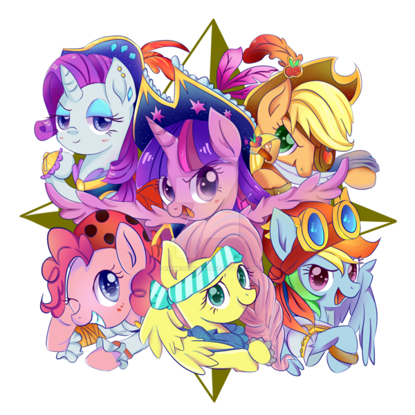 Size: 1024x1024 | Tagged: safe, artist:kumikoponylk, derpibooru import, applejack, fluttershy, pinkie pie, rainbow dash, rarity, twilight sparkle, twilight sparkle (alicorn), alicorn, pony, my little pony: the movie, bust, ear piercing, eyepatch, female, goggles, looking at you, mane six, mare, one eye closed, open mouth, piercing, pirate, pirate applejack, pirate fluttershy, pirate pinkie pie, pirate rainbow dash, pirate rarity, pirate twilight, simple background, smiling, transparent background, watermark