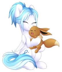 Size: 1534x1772 | Tagged: safe, artist:scarlet-spectrum, derpibooru import, oc, oc:lesa castle, unofficial characters only, eevee, pegasus, pony, crossover, cute, eyes closed, female, hnnng, hug, mare, ocbetes, pokémon, simple background, smiling, transparent background