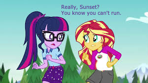 Size: 300x168 | Tagged: safe, derpibooru import, edit, edited screencap, screencap, sci-twi, sunset shimmer, twilight sparkle, comic:a new change, equestria girls, legend of everfree, camp everfree outfits, clothes, glasses, open mouth, picture for breezies, pregnant, pregnant edit, shorts, teen pregnancy