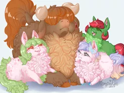 Size: 767x575 | Tagged: artist:pumpiikin, derpibooru import, female, fluffalo, fluffy pony, herd, horns, hugbox, male, mare, oc, safe, stallion, unnamed oc, unofficial characters only