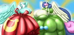 Size: 5000x2400 | Tagged: alicorn, alicornified, anthro, artist:blues64, artist:marauder6272, big breasts, bon bon, bonicorn, breasts, busty bon bon, busty lyra heartstrings, cleavage, clothes, derpibooru import, dress, gown, high res, horn, huge breasts, huge mane, huge tail, impossibly large breasts, impossibly large dress, large wings, lyracorn, lyra heartstrings, mane, poofy shoulders, race swap, rubber, shiny, suggestive, sweetie drops, tail, wings