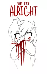 Size: 688x1080 | Tagged: semi-grimdark, artist:sugarstar, derpibooru import, oc, oc:sugarstar, unofficial characters only, pony, unicorn, blood, bust, crossed hooves, crying, female, horn, lineart, mare, monochrome, sad, simple background, sketch, solo, tears of blood, vomit, vomiting, vomiting blood, white background, wide eyes