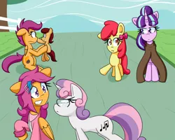 Size: 1000x800 | Tagged: safe, artist:jake heritagu, derpibooru import, apple bloom, scootaloo, starlight glimmer, sweetie belle, oc, oc:lightning blitz, pegasus, pony, ask post-crusade, comic:ask motherly scootaloo, alternate cutie mark, baby, baby pony, cloak, clothes, colt, cutie mark crusaders, female, glasses, hairpin, holding a pony, male, mother and son, motherly scootaloo, offspring, older, older scootaloo, parent:rain catcher, parent:scootaloo, parents:catcherloo, post crusade scootaloo, post-crusade, self paradox, sweatshirt