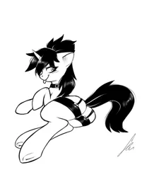 Size: 2005x2498 | Tagged: suggestive, artist:sugarstar, derpibooru import, oc, unofficial characters only, pony, unicorn, clothes, collar, female, garter belt, garters, horn, looking at you, lying down, mare, monochrome, plot, simple background, sketch, smiling, solo, solo female, stockings, thigh highs, tongue out, white background