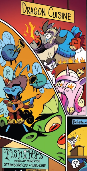 Size: 438x862 | Tagged: safe, artist:andypriceart, derpibooru import, idw, blacktip, horwitz, princess cadance, raven, breezie, dragon, parasprite, pony, yak, spoiler:comic, spoiler:comic61, comic, cropped, female, flame eyes, mare, official comic, orange background, red background, simple background, wingding eyes