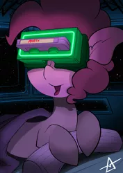 Size: 2893x4092 | Tagged: safe, artist:ahekao, derpibooru import, pinkie pie, pony, comic:the most powerful adventure, bed, blanket, cute, female, goggles, mare, open mouth, solo, the most biggest adventure, tongue out, vhs, virtual reality, vr goggles