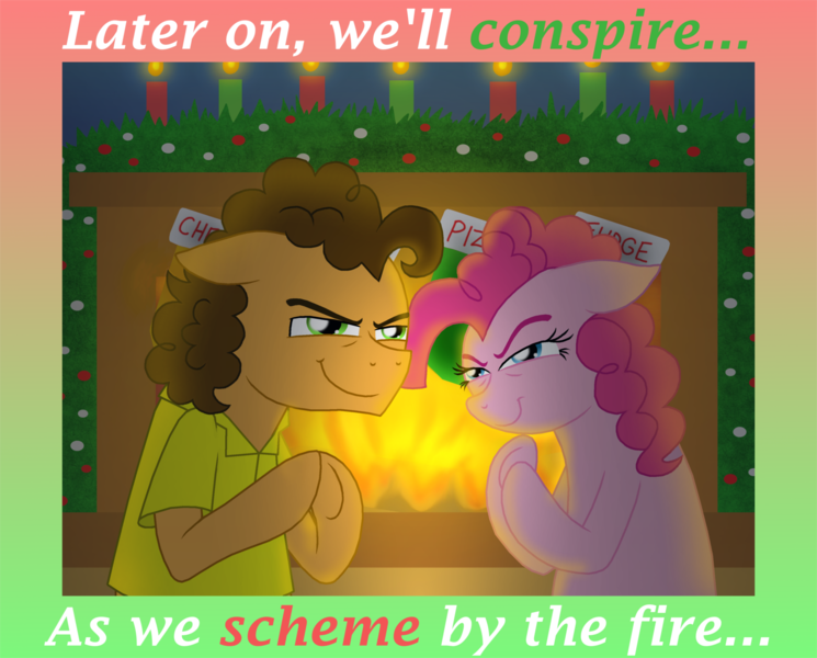 Size: 1800x1450 | Tagged: artist:crazynutbob, berries, candle, candlelight, cheese sandwich, clothes, derpibooru import, devious, devious smile, evil grin, fire, fireplace, grin, hearth's warming, narrowed eyes, pinkie pie, plotting, pure unfiltered evil, rubbing hooves, safe, smiling, song parody, stockings