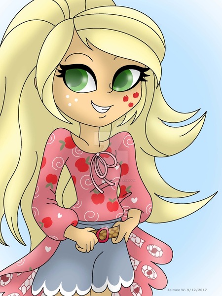 Size: 1024x1365 | Tagged: safe, artist:lavenderrain24, derpibooru import, applejack, equestria girls, legend of everfree, belt, boho, clothes, female, freckles, shorts, smiling, solo, watermark