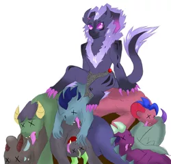 Size: 1504x1439 | Tagged: safe, artist:jolliapplegirl, derpibooru import, oc, oc:morganite, unofficial characters only, changeling, dragon, hybrid, bipedal, changeling oc, dead, female, group, interspecies offspring, next generation, offspring, parent:pharynx, parent:princess ember, purple changeling, tongue out, x eyes