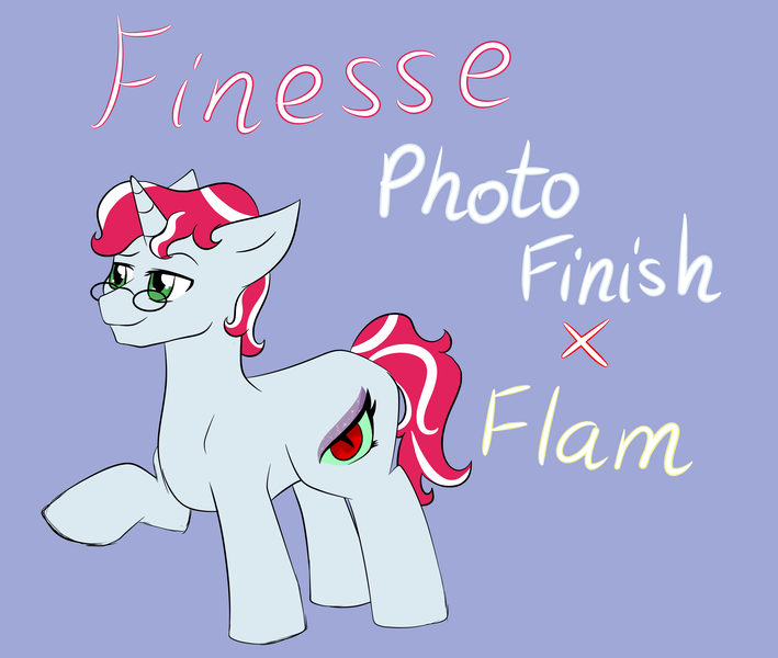 Size: 2600x2200 | Tagged: safe, artist:jolliapplegirl, derpibooru import, oc, oc:finesse, unofficial characters only, unicorn, bio, male, next generation, offspring, parent:flam, parent:photo finish, parents:flamfinish, solo, stallion