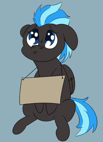 Size: 1279x1774 | Tagged: safe, artist:wcnimbus, derpibooru import, oc, oc:nimbus, unofficial characters only, pony, exploitable, male, pony shaming, puppy dog eyes, sign, sitting, stallion