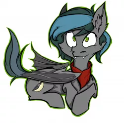 Size: 700x698 | Tagged: safe, artist:tatykin, derpibooru import, oc, oc:notde, unofficial characters only, bat pony, bandana, bat pony oc, neckerchief, prone, simple background, solo, white background