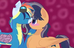 Size: 1616x1056 | Tagged: alicorn, amputee, artist:thatonecrazyartist18, augmented, clothes, derpibooru import, female, kissing, male, mare, oc, oc:rainbow strike, oc:sparkle star, offspring, parent:flash sentry, parent:rainbow dash, parents:flashlight, parent:soarin', parents:soarindash, parent:twilight sparkle, prosthetic limb, prosthetics, prosthetic wing, safe, shipping, straight, uniform, unofficial characters only, wonderbolts uniform