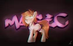 Size: 1280x809 | Tagged: safe, artist:sugarstar, derpibooru import, oc, unofficial characters only, earth pony, pony, commission, earbuds, empty eyes, graffiti, magic, male, music, simple background, solo, stallion, standing