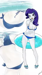 Size: 720x1280 | Tagged: suggestive, artist:leone di cielo, derpibooru import, rarity, equestria girls, arm behind back, beach, belly button, bikini, blue underwear, breasts, cleavage, clothes, feet, female, looking at you, open mouth, solo, solo female, swimsuit, underwear