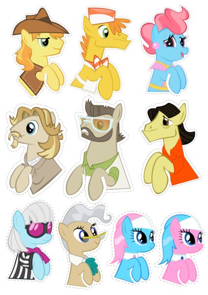 Size: 2480x3508 | Tagged: safe, artist:oceanbreezebrony, derpibooru import, aloe, braeburn, carrot cake, colter sobchak, cup cake, jeff letrotski, lotus blossom, mayor mare, photo finish, theodore donald "donny" kerabatsos, pony, donny, female, high res, male, mare, simple background, stallion, sticker, transparent background, walter sobchak