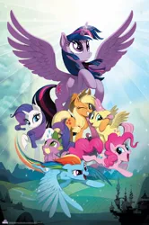 Size: 1002x1506 | Tagged: safe, artist:joy-ang, derpibooru import, applejack, fluttershy, pinkie pie, rainbow dash, rarity, spike, twilight sparkle, twilight sparkle (alicorn), alicorn, dragon, earth pony, pegasus, pony, unicorn, my little pony: the movie, the art of my little pony: the movie, female, friendship, mane seven, mane six, mare, merchandise, my little pony logo