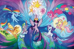 Size: 2248x1498 | Tagged: safe, artist:alexia tryfon, derpibooru import, applejack, fluttershy, pinkie pie, rainbow dash, rarity, spike, twilight sparkle, twilight sparkle (alicorn), alicorn, bird, butterfly, dragon, earth pony, pegasus, pony, unicorn, my little pony: the movie, the art of my little pony: the movie, apple tree, applejack's hat, balloon, book, cowboy hat, deleted scene, enterplay, eyes closed, female, flying, hat, mane seven, mane six, mare, merchandise, moon, my little pony logo, open mouth, pointy ponies, quill, smiling, spread wings, stained glass, stained glass effect, stars, sun, tree, wings
