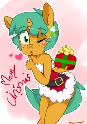 Size: 2117x3000 | Tagged: suggestive, artist:kryptchild, derpibooru import, snails, anthro, unicorn, belt, blushing, christmas, christmas outfit, clothes, costume, crossdressing, dress, femboy, freckles, glitter shell, heart, holiday, lipstick, looking at you, male, mistletoe, nail polish, one eye closed, plot, present, santa costume, shhh, solo, strapless, trap, wink