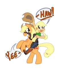 Size: 1780x1834 | Tagged: safe, artist:thebirdiebin, derpibooru import, applejack, earth pony, human, pony, bridle, female, human ponidox, humanized, humans riding ponies, mare, rearing, reins, riding, saddle, self ponidox, simple background, stirrups, tack, transparent background, yeehaw