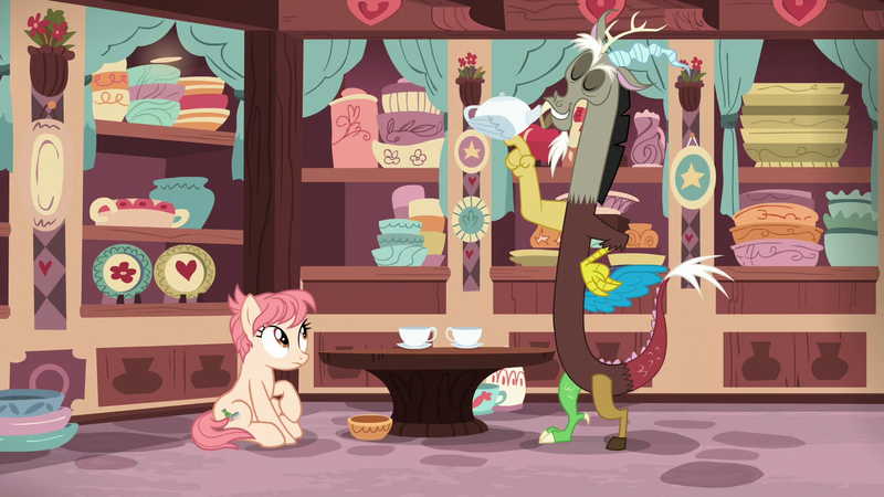 Size: 1280x720 | Tagged: safe, derpibooru import, screencap, discord, raspberry vinaigrette, draconequus, earth pony, pony, discordant harmony, cup, duo, female, male, mare, perching, store, teacup, winged teapot