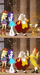 Size: 645x1203 | Tagged: safe, artist:jeffersonfan99, derpibooru import, applejack, rarity, equestria girls, 18th century, angry german kid, bare shoulders, baroque outfit, beauty and the beast, boots, buckled shoes, butler, clothes, coat, cogsworth, cowboy boots, disney, disney princess, ewan mcgregor, fall formal outfits, female, footman, happy, ian mckellen, knee high socks, knee-high boots, lumiere, meme, powdered wig, rarijack, reunion, shipping, shoes, strapless, thomas jefferson, transformation