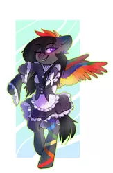 Size: 1951x3000 | Tagged: safe, artist:sugarstar, derpibooru import, oc, unofficial characters only, pegasus, pony, clothes, colored wings, commission, crossover, fangs, female, looking at you, maid, mare, multicolored wings, one eye closed, rainbow wings, simple background, smiling, solo, standing, wings, wink