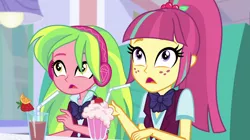 Size: 1280x718 | Tagged: safe, derpibooru import, screencap, lemon zest, sour sweet, dance magic, equestria girls, spoiler:eqg specials, bendy straw, drinking straw, headphones, milkshake, straw, surprised