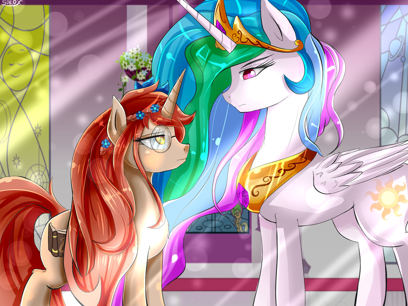 Size: 1600x1200 | Tagged: safe, artist:alesarox, derpibooru import, princess celestia, oc, oc:alscenia greymane, dracony, hybrid, crepuscular rays, frown, looking at each other, standing, throne room