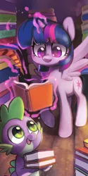 Size: 671x1346 | Tagged: safe, artist:dawnfire, derpibooru import, spike, twilight sparkle, twilight sparkle (alicorn), alicorn, dragon, pony, book, female, glowing horn, horn, levitation, lightly watermarked, looking up, magic, male, mare, open mouth, quill, raised hoof, reading, smiling, telekinesis, watermark, wings