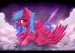 Size: 1024x724 | Tagged: safe, artist:silvia-zero, derpibooru import, oc, unofficial characters only, pegasus, pony, cloud, commission, ear fluff, female, looking at you, mare, multicolored mane, multicolored tail, on a cloud, sitting, sitting on cloud, smiling, solo, sparkly mane, spread wings, starry night, stars, wingding eyes, wings, ych result