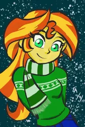 Size: 640x960 | Tagged: safe, artist:mayorlight, derpibooru import, sunset shimmer, equestria girls, arm behind back, clothes, digital art, female, hands behind back, long hair, looking at you, scarf, smiling, snow, solo, sweater